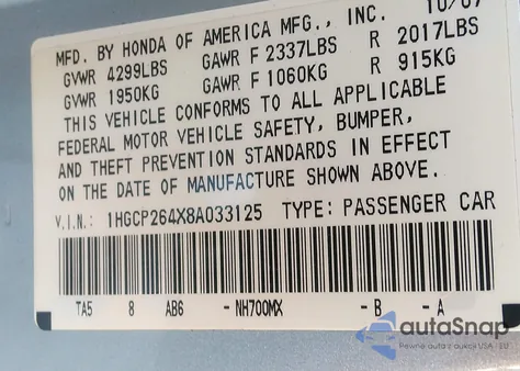 2008 Honda Accord Lxp from USA, damaged, VIN 1HGCP264X8A033125